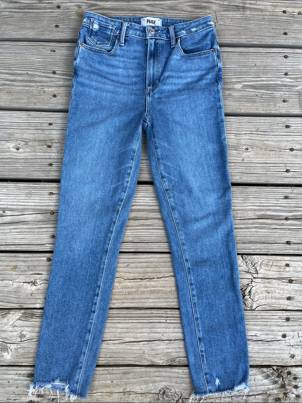 PAIGE Medium Blue Straight-Leg Jeans with Frayed Hem - Picture 1 of 3